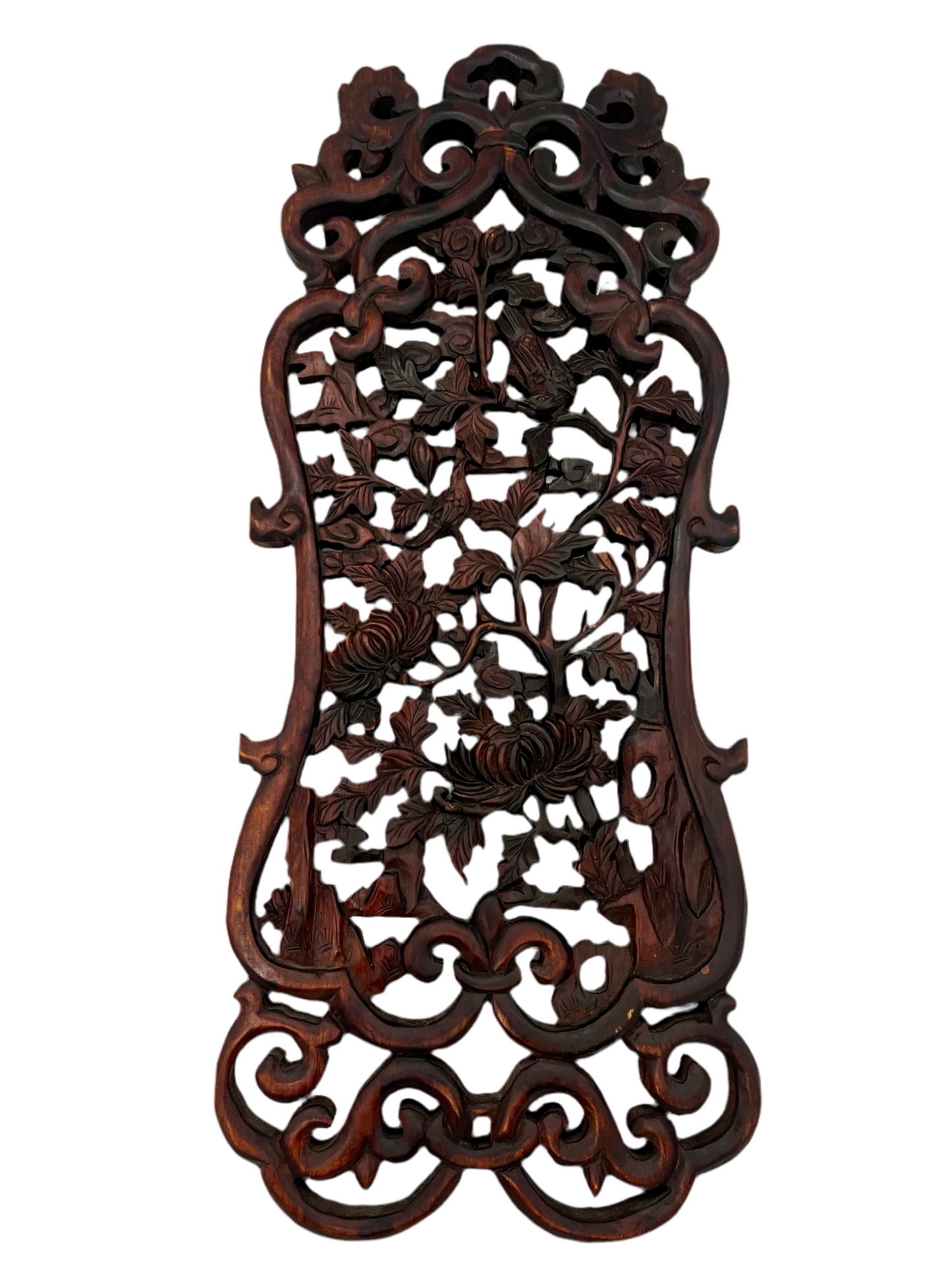 Antique Chinese Hand-Carved Hardwood Panel – Birds, Chrysanthemums & Foliage (24”)