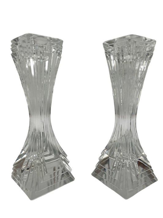 TWO VINTAGE ART DECO REVIVAL 1980s LEAD CRYSTAL TAPER CANDLESTICK HOLDERS