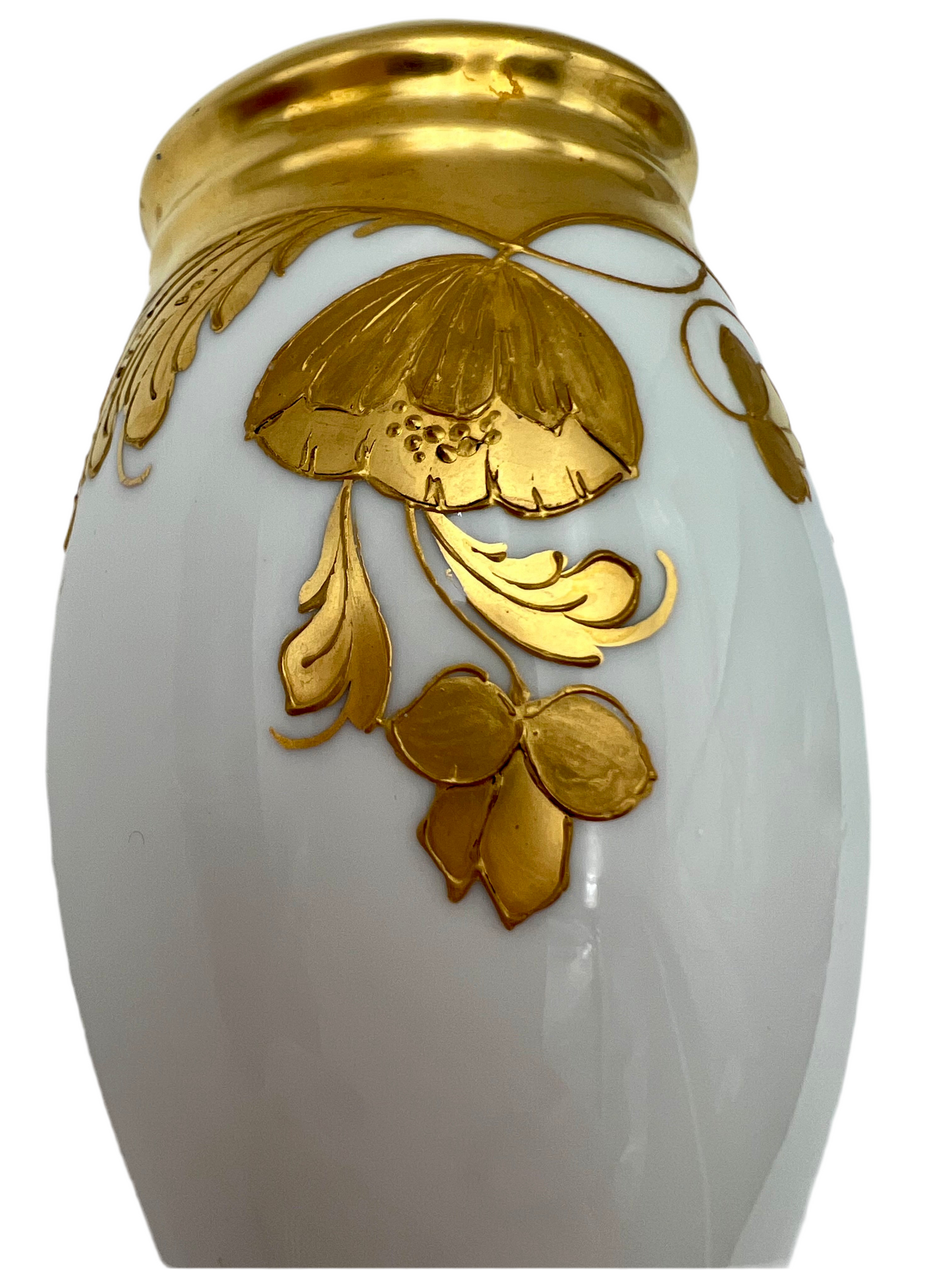 Antique Porcelain Sugar Shaker Muffineer | Stouffer Studio Chicago | Hand-Gilded Raised Gold Floral | Signed BEK