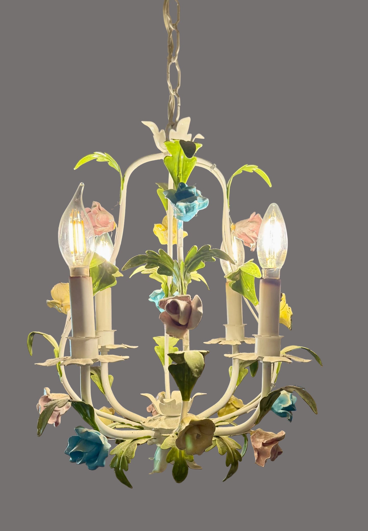 VINTAGE ITALIAN TOLE FLORAL CHANDELIER – HAND PAINTED HOLLYWOOD REGENCY EUROPEAN GARDEN LIGHTING