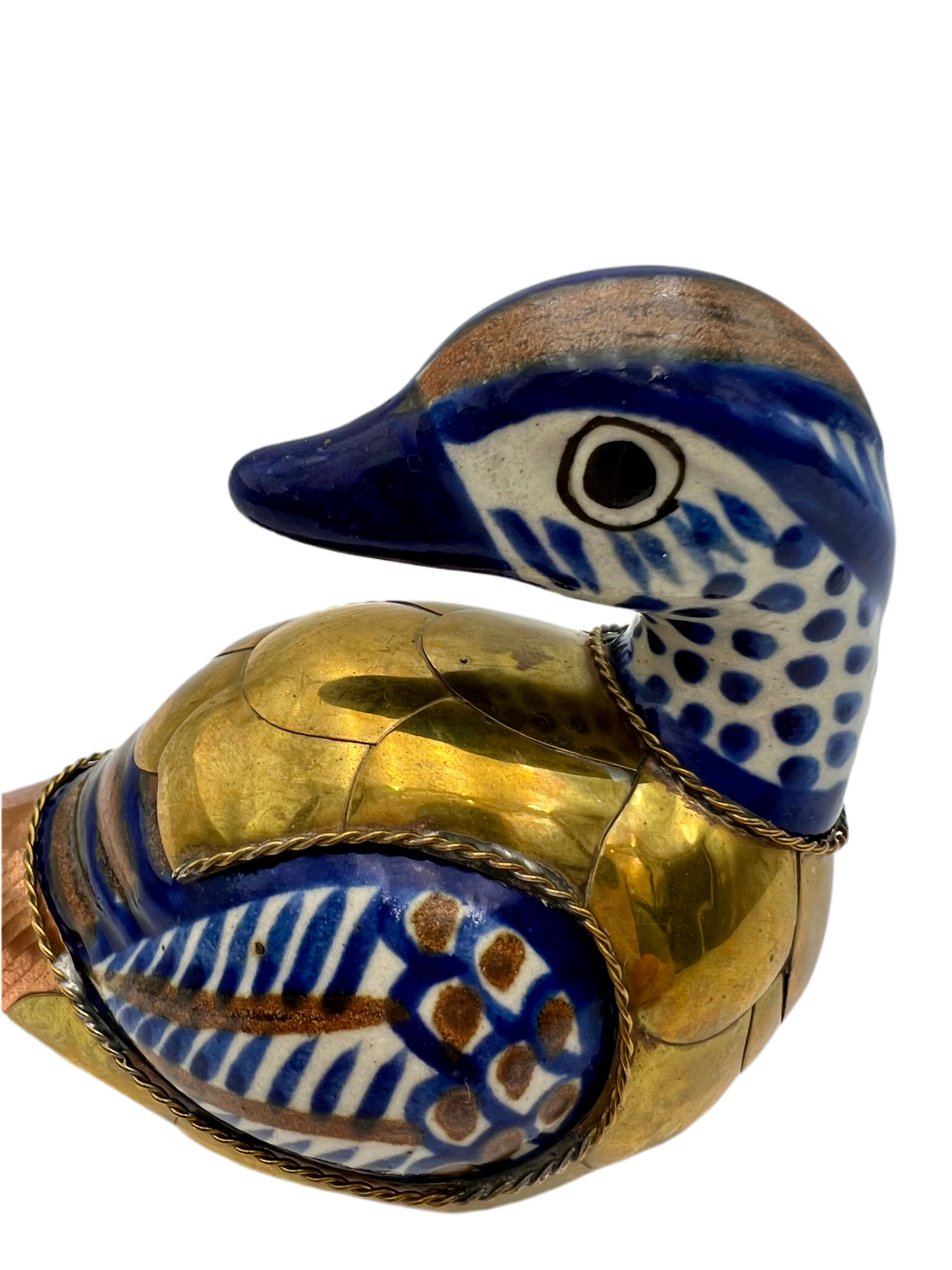 VINTAGE MIXED-METAL & ENAMEL DUCK FIGURINE – CHINESE MID-CENTURY – BRASS, COPPER & HAND-PAINTED CERAMIC – 4.5” x 5.5” – HEAVY 46 OZ DECOR SCULPTURE