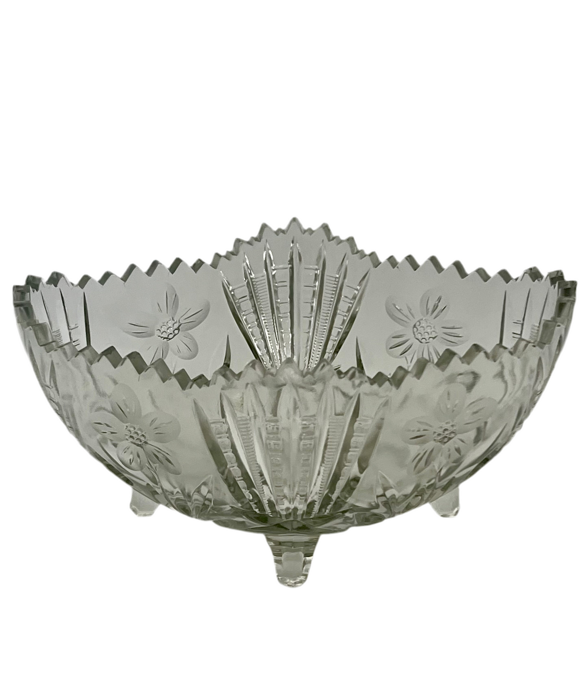 INDIANA GLASS “RAYED FLOWER” 4-FOOTED PRESSED GLASS CENTERPIECE BOWL