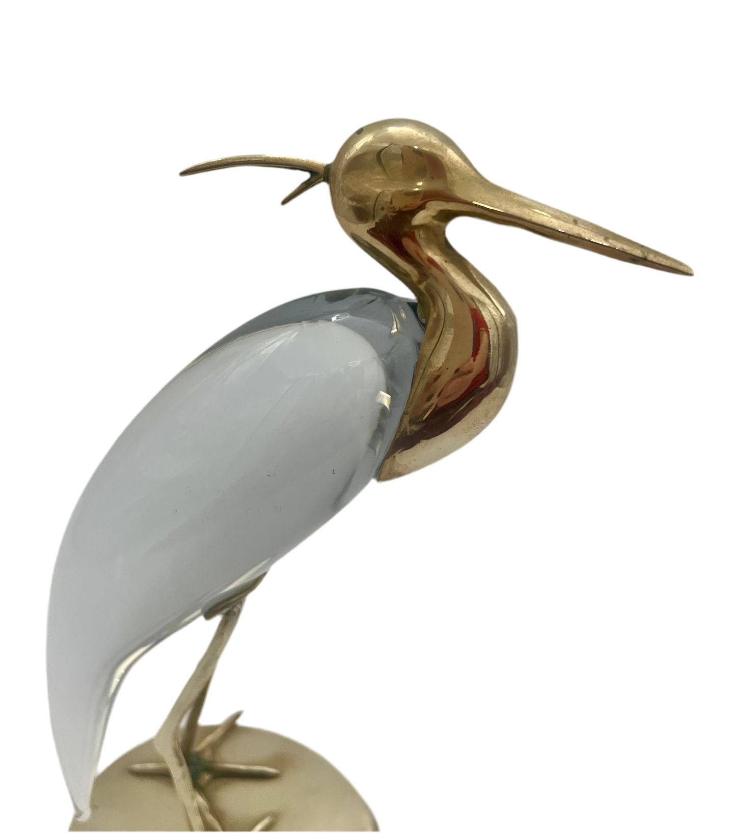 ITALIAN BRASS & GLASS HERON SCULPTURE – ATTRIBUTED TO LUCA BOJOLA – 11.25” MID-CENTURY