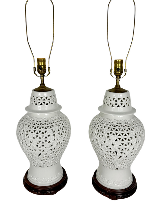PAIR OF VINTAGE BLANC DE CHINE RETICULATED PORCELAIN GINGER JAR LAMPS – 3-WAY LIGHTING