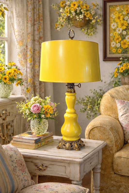 VINTAGE FRENCH OIL LAMP STYLE YELLOW CERAMIC TABLE LAMP WITH ORNATE BRASS BASE