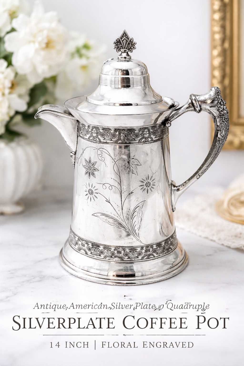 ANTIQUE AMERICAN SILVER PLATE CO QUADRUPLE SILVERPLATE COFFEE POT 14 INCH VICTORIAN FLORAL ENGRAVED ORNATE HANDLE AESTHETIC MOVEMENT
