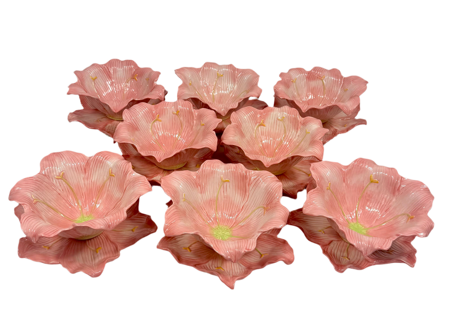 Vintage Pink Lily Ceramic Bowl & Plate Set by Nanette Vacher for Ambiance – 1990s Floral Bowl Set – Cottagecore Pink Decor – Set of 8