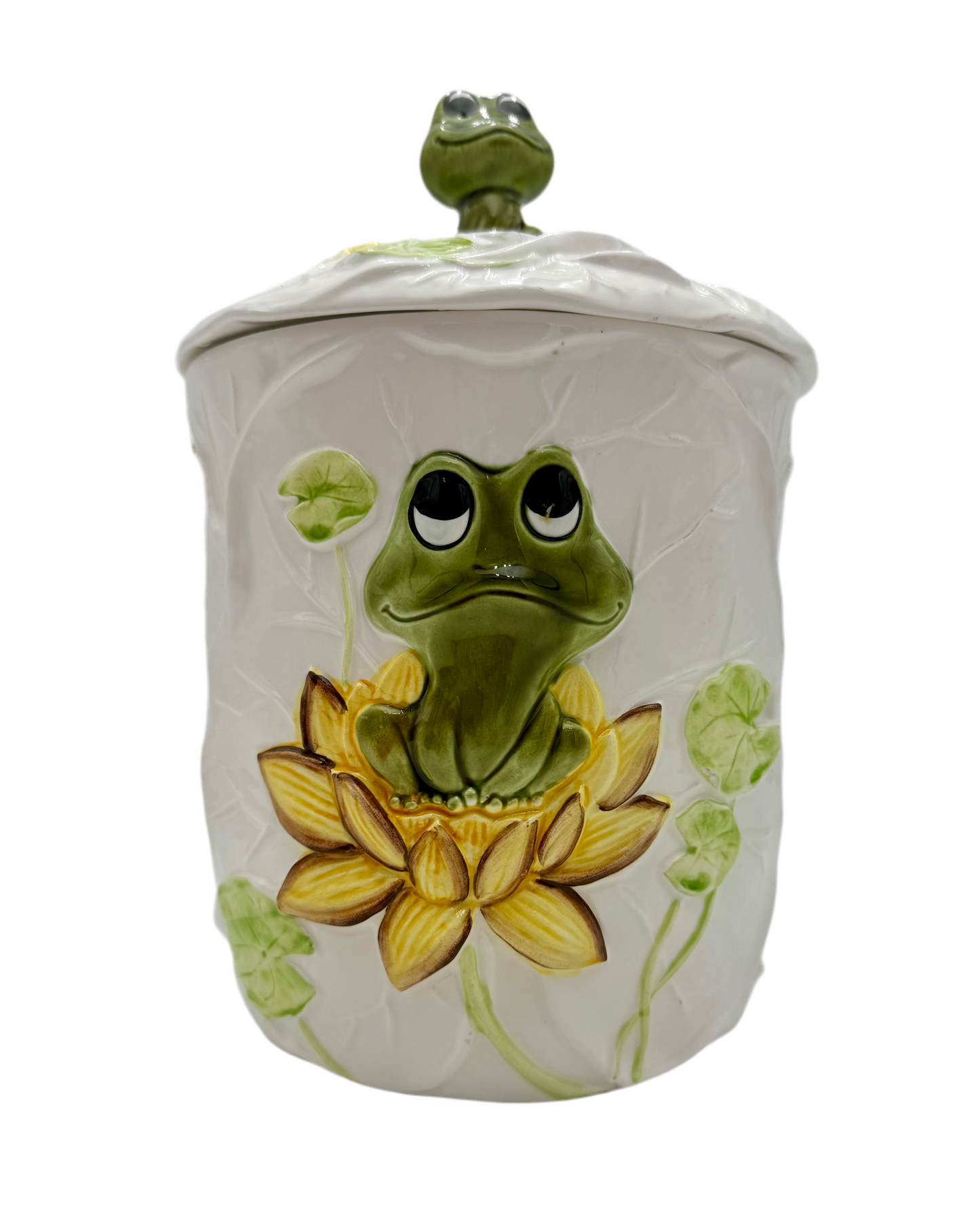 NEIL THE FROG COOKIE JAR — VINTAGE 1976 SEARS CERAMIC CANISTER — LILY PAD FROG KITCHEN DECOR