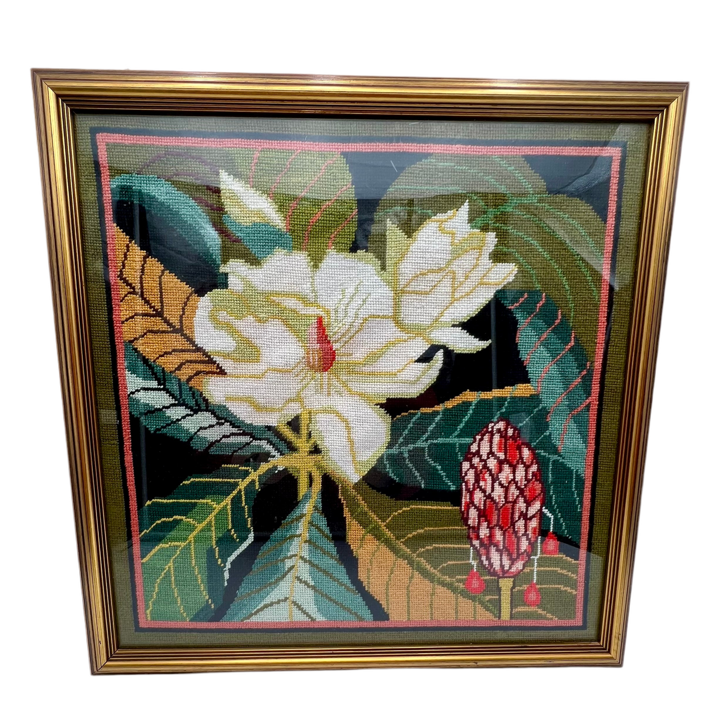VINTAGE FLORAL NEEDLEPOINT TAPESTRY – FRAMED BOTANICAL TEXTILE ART IN GOLD FRAME – MAGNOLIA AND TROPICAL LEAVES