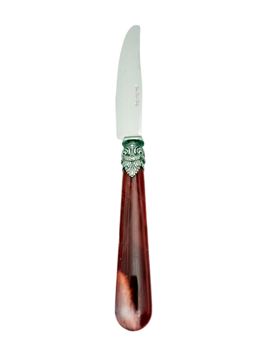 VINTAGE EME ZINOX ITALY KNIFE – BURGUNDY LUCITE HANDLE SILVERWARE – ORNATE ITALIAN DETAIL