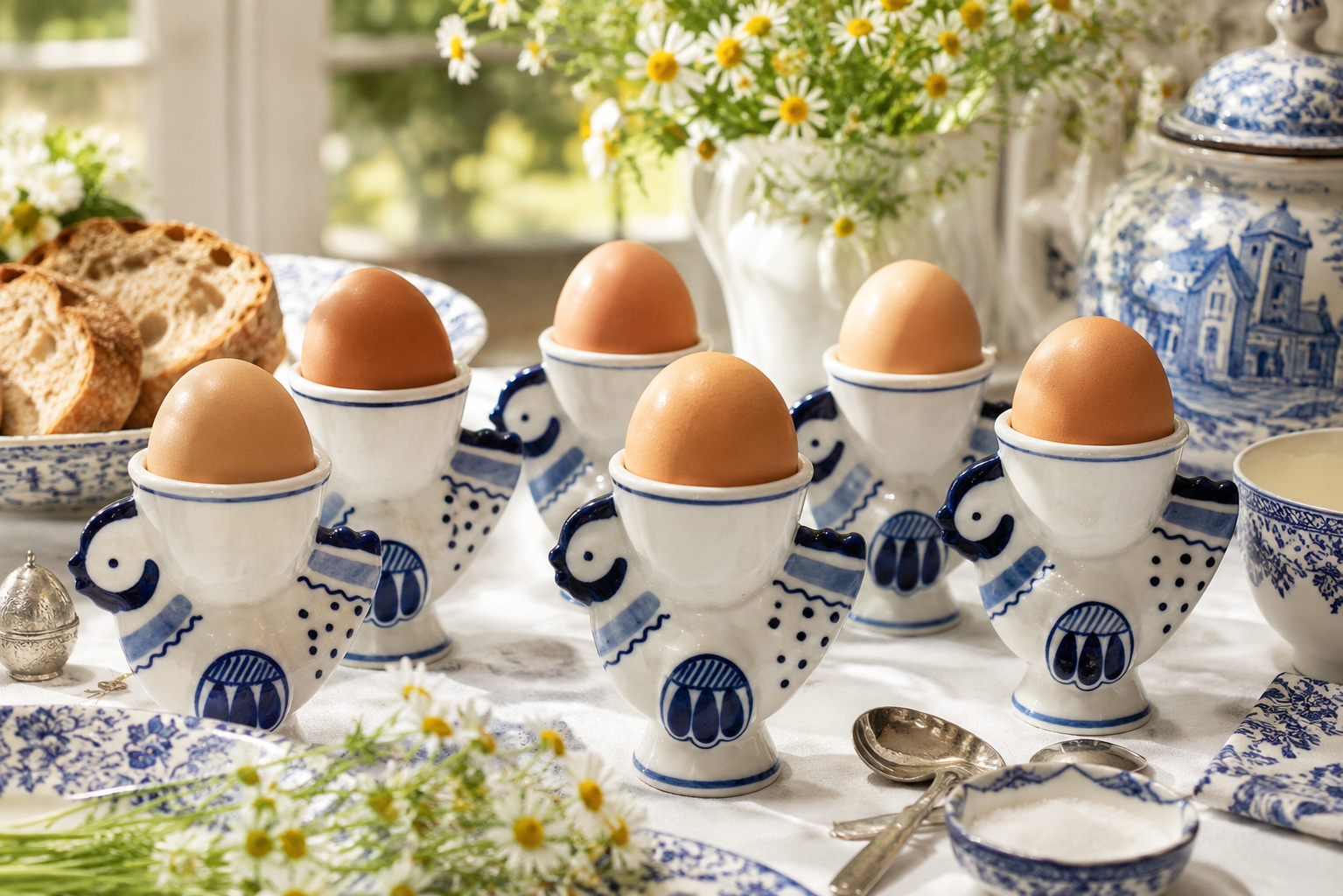 VINTAGE HAND PAINTED USSR FIGURAL ROOSTER EGG CUPS – SET OF 6 BLUE & WHITE CERAMIC FOLK ART