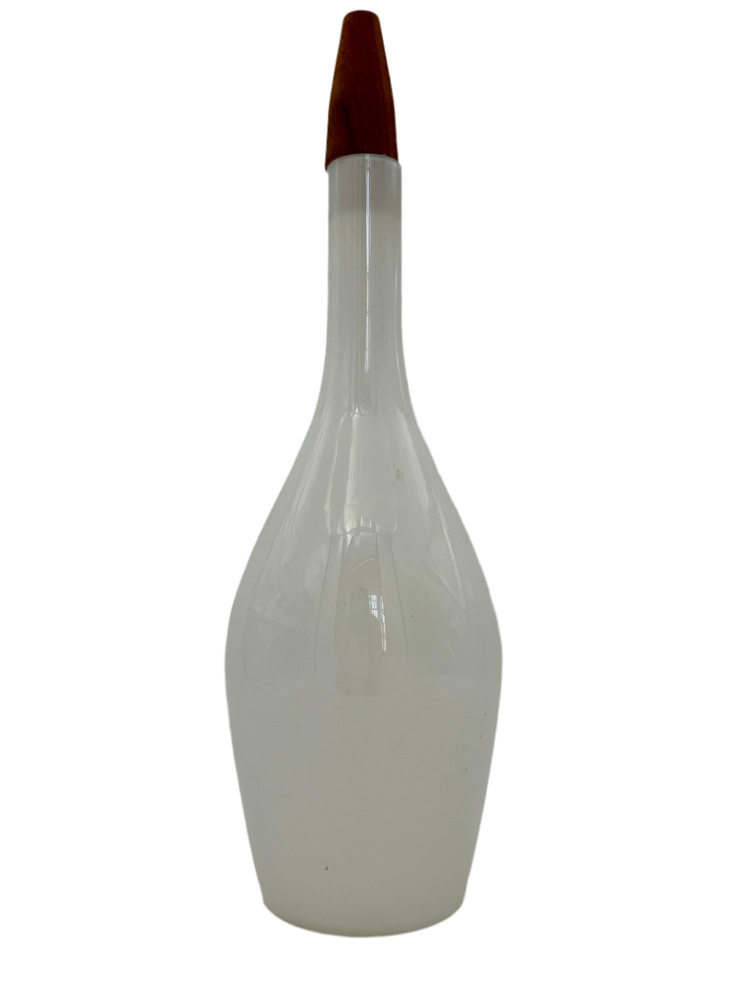 MID-CENTURY MODERN RAYMOR WHITE GLASS DECANTER WITH WOODEN STOPPER