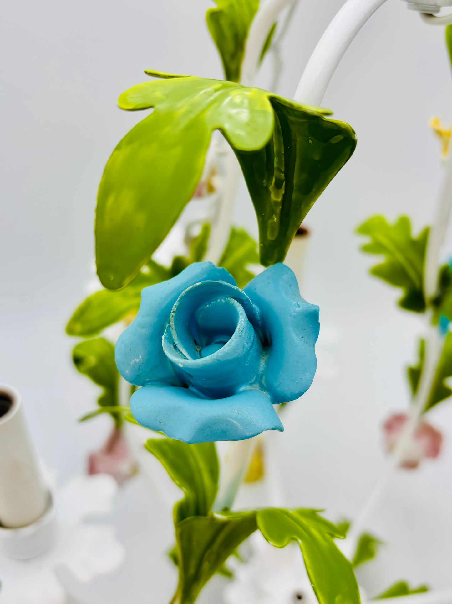 VINTAGE ITALIAN TOLE FLORAL CHANDELIER – HAND PAINTED HOLLYWOOD REGENCY EUROPEAN GARDEN LIGHTING