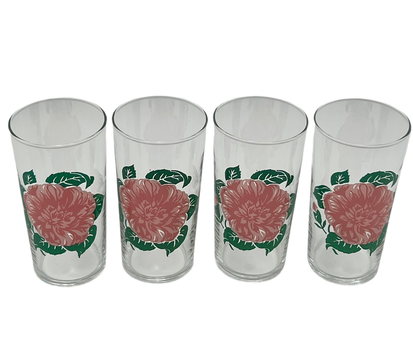 Set of 4 Vintage Libbey Pink Peony Floral Glasses – 1950s Mid-Century Iced Tea Tumblers – Retro Enamel Flower Drinkware – Eclectic Whimsy Decor