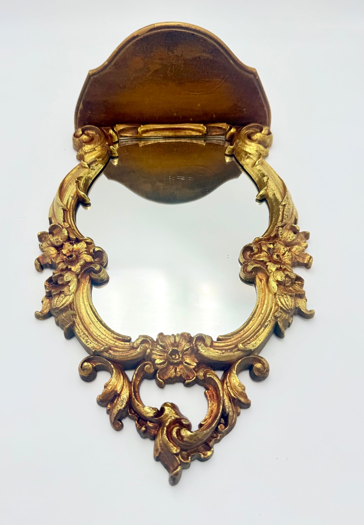 VINTAGE SYROCO BRIGHT GOLD WALL MIRROR WITH SHELF – MODEL 2327