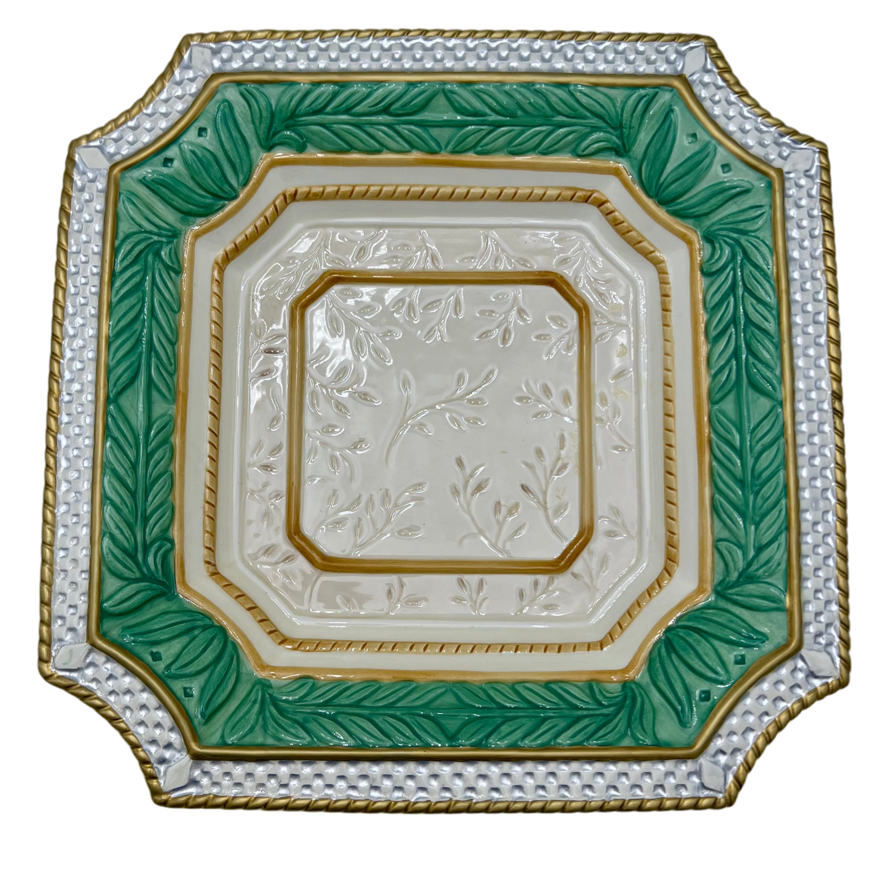 FITZ AND FLOYD ORNATE GREEN. WHITE, AND GOLD DECORATIVE BOWL