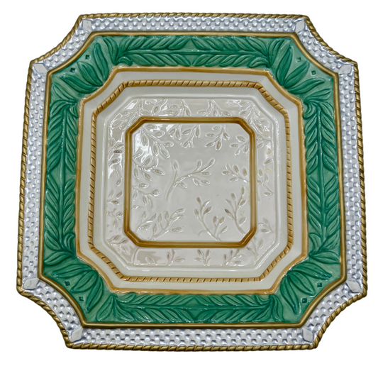 FITZ AND FLOYD ORNATE GREEN. WHITE, AND GOLD DECORATIVE BOWL