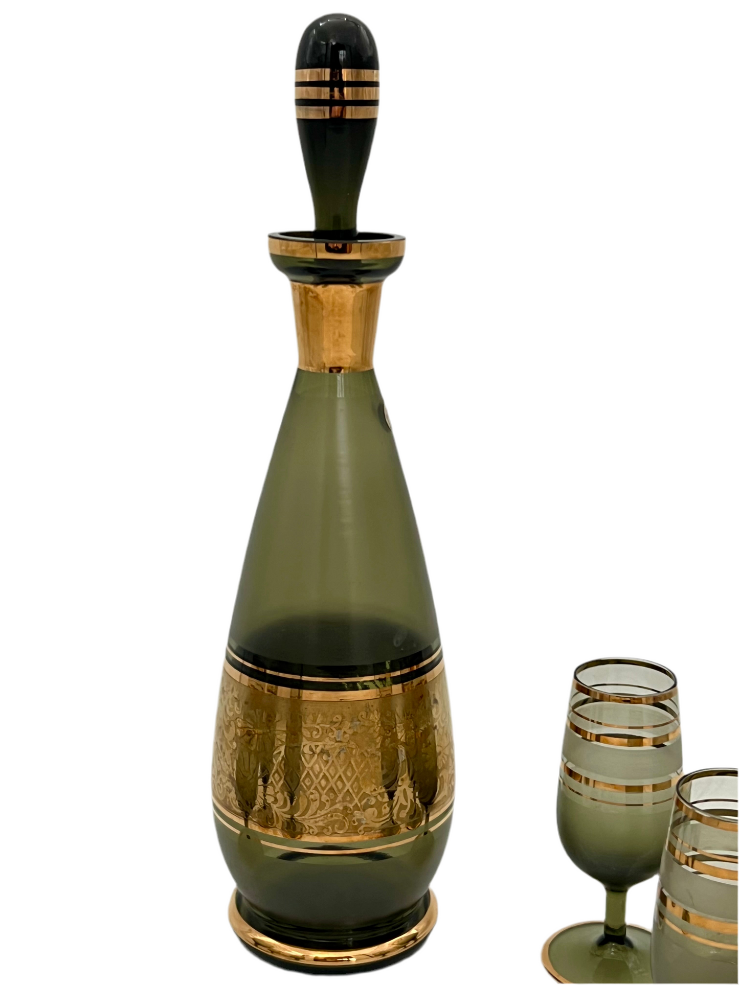 VINTAGE BOHEMIA GLASS DECANTER SET WITH 6 CORDIAL GLASSES – SMOKY GREEN WITH 22K GOLD GILT – MID CENTURY CZECHOSLOVAKIA BARWAREk