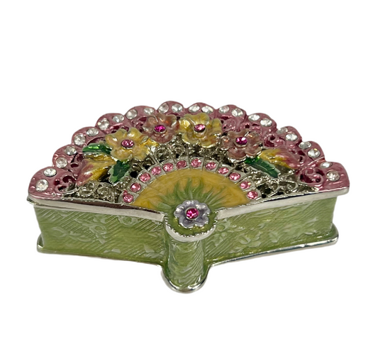 VINTAGE STYLE FAN TRINKET BOX WITH ENAMEL FLOWERS AND JEWELED CRYSTALS