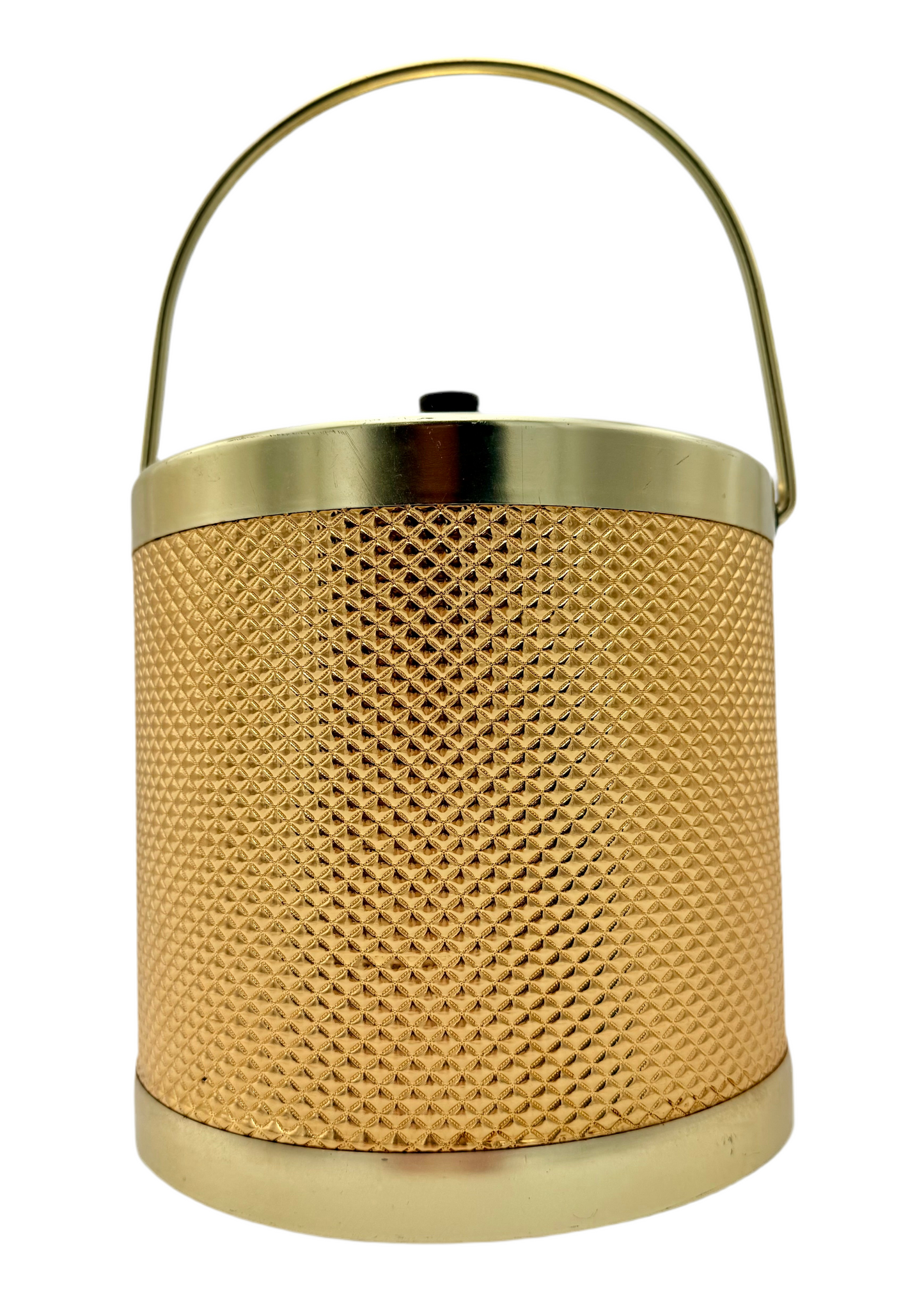 Vintage Gold Ice Bucket | Mid Century Modern Barware | Textured Metal Ice Bucket with Lid & Handle | Retro 1960s Gold-Tone Drinkware Decor