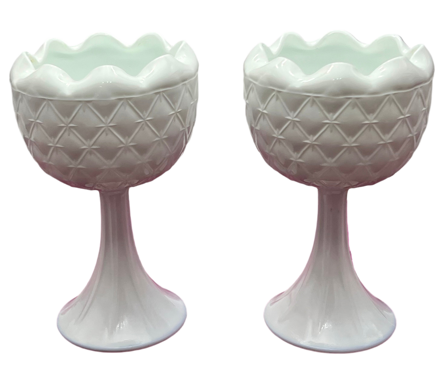 VINTAGE MILK GLASS PEDESTAL COMPOTES PAIR | MID CENTURY DIAMOND POINT RUFFLED BOWLS | UNMARKED AMERICAN GLASS | 1950S–1960S