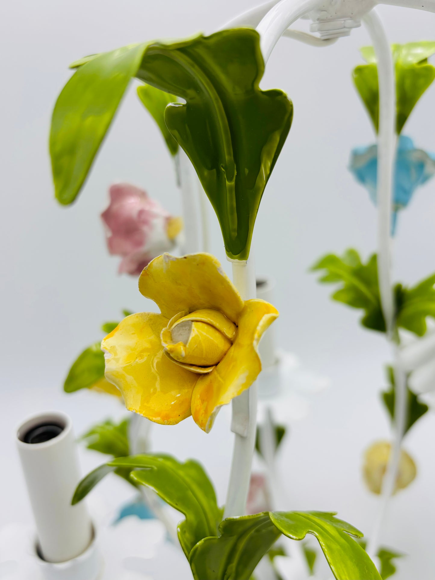 VINTAGE ITALIAN TOLE FLORAL CHANDELIER – HAND PAINTED HOLLYWOOD REGENCY EUROPEAN GARDEN LIGHTING