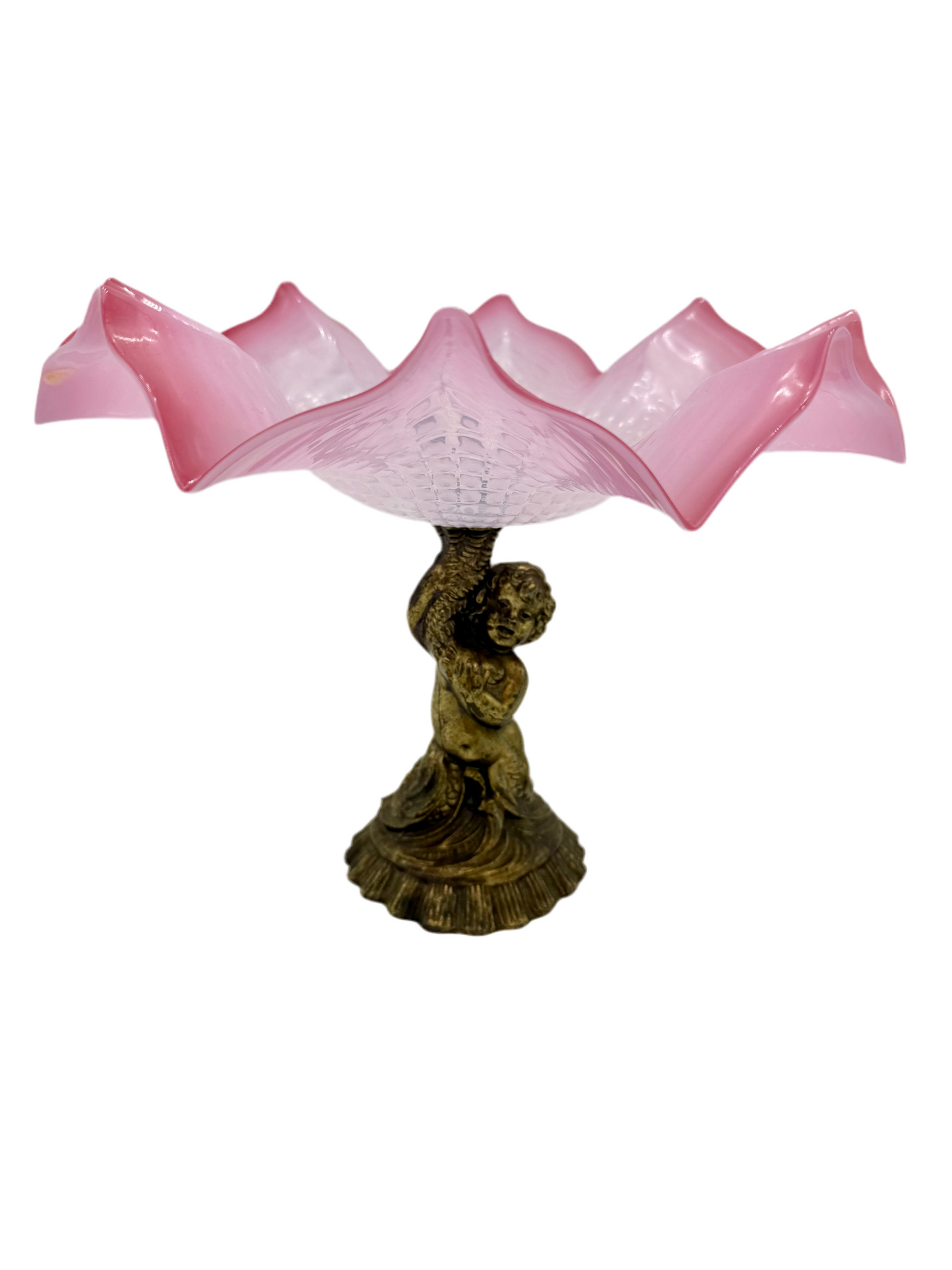 ANTIQUE CRANBERRY ART GLASS COMPOTE WITH CHERUB BASE – VICTORIAN RUFFLED EDGE BOWL – 9” TALL × 11.5” DIAMETER – CIRCA 1890–1910