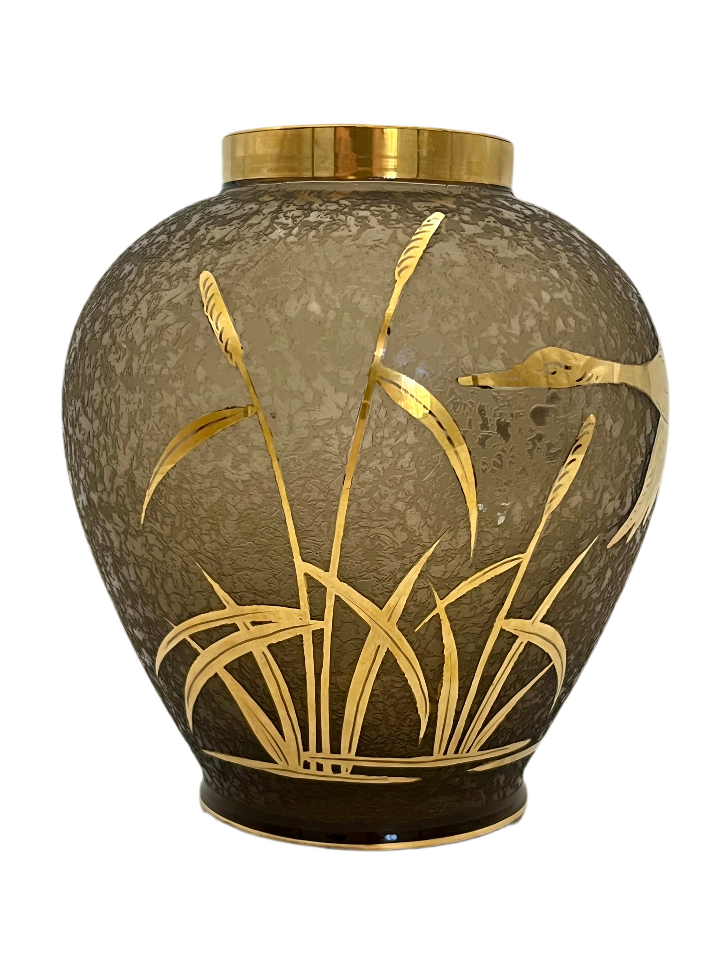 Vintage Cofrac France Art Verrier Vase – Frosted Glass with 24k Gold Cranes, 1970s French Art Deco Revival Home Decor