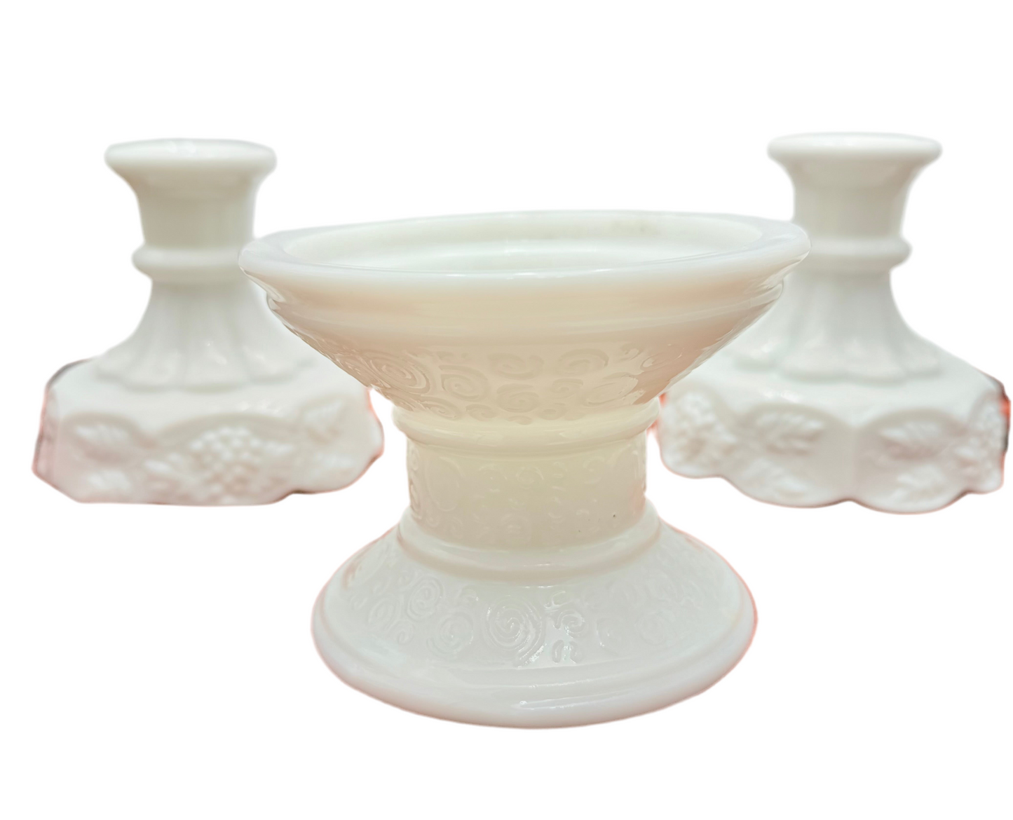 ECLECTIC WHIMSY CURATED MILK GLASS CANDLE HOLDER TRIO