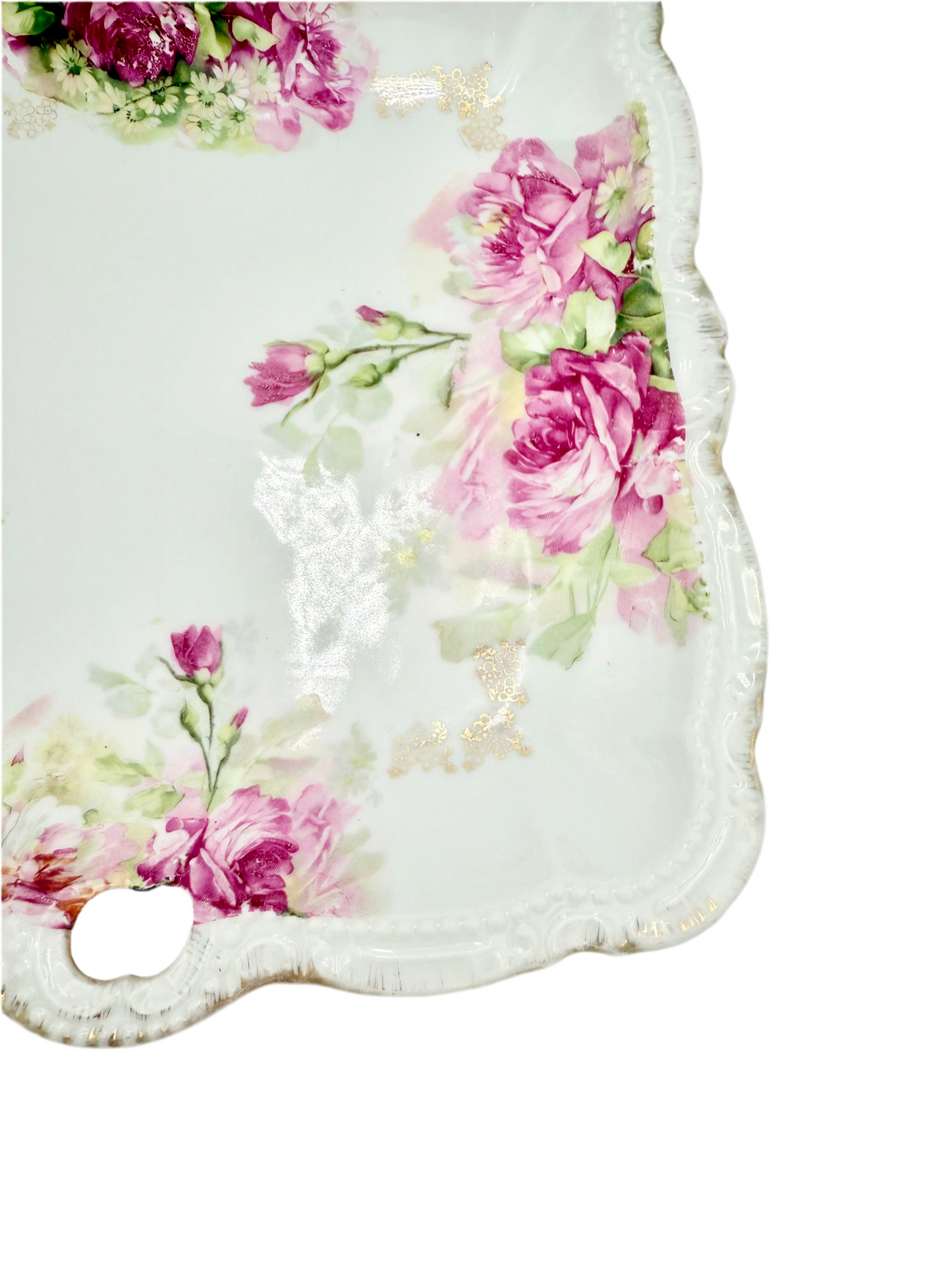ANTIQUE HAND-DECORATED PORCELAIN FLORAL TRAY – GOLD LACE DETAIL & PINK ROSES – EARLY 1900s VICTORIAN BAVARIAN STYLE