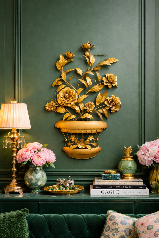 VINTAGE HOLLYWOOD REGENCY GILT TOLE FLORAL WALL BASKET | ITALIAN STYLE MID-CENTURY METAL SCULPTURE | GOLD FLOWER WALL DECOR 25”