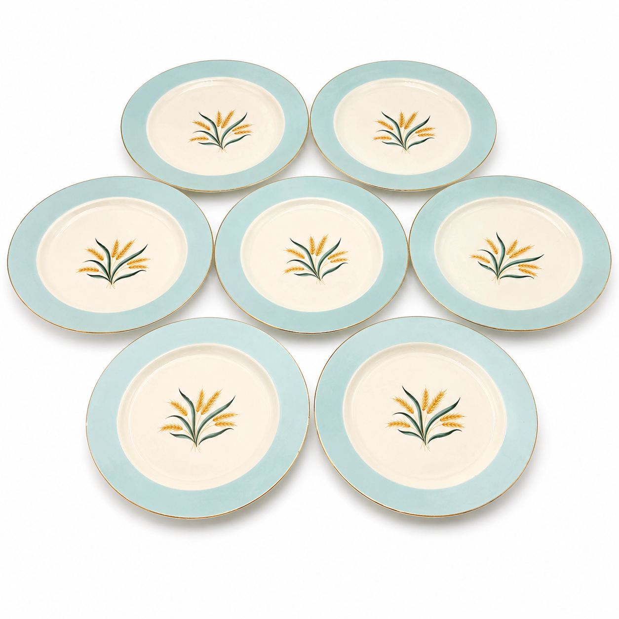 VINTAGE INTERNATIONAL D.S. CO. VIKING AQUA WHEAT DINNER PLATES — SET OF 6 + BONUS CHIPPED PLATE