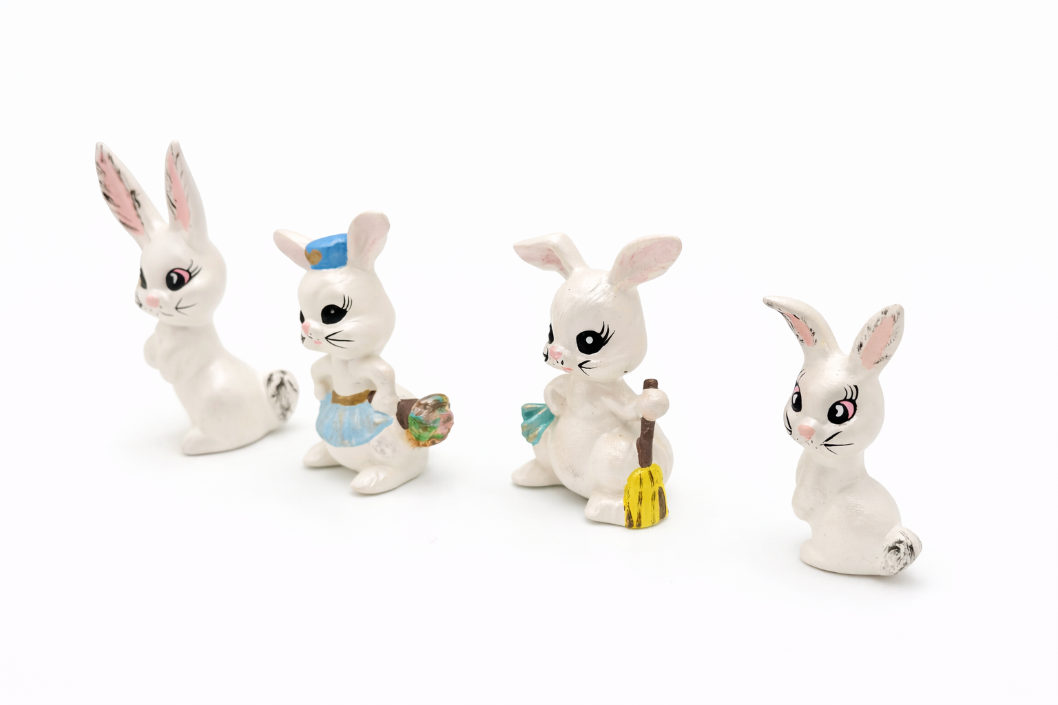 VINTAGE MID CENTURY CERAMIC EASTER BUNNY FIGURINES SET OF 4 JAPAN STYLE SPRING DECOR WHITE RABBITS
