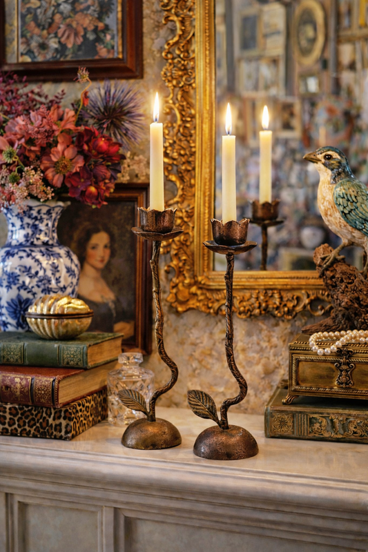 VINTAGE BOTANICAL CANDLESTICKS PAIR TALL SCULPTURAL FLORAL STEM METAL 13 INCH