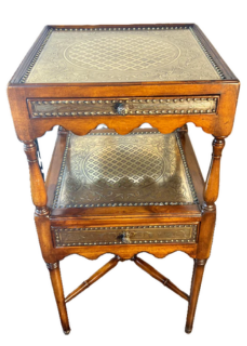 Theodore Alexander Regency Engraver Brass Accent Table, Two Tier Acacia Side Table, Designer Regency Furniture