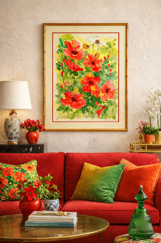 ORIGINAL SIGNED WATERCOLOR HIBISCUS FLORAL PAINTING BY K. K. FLANDERS, 1987 – FRAMED