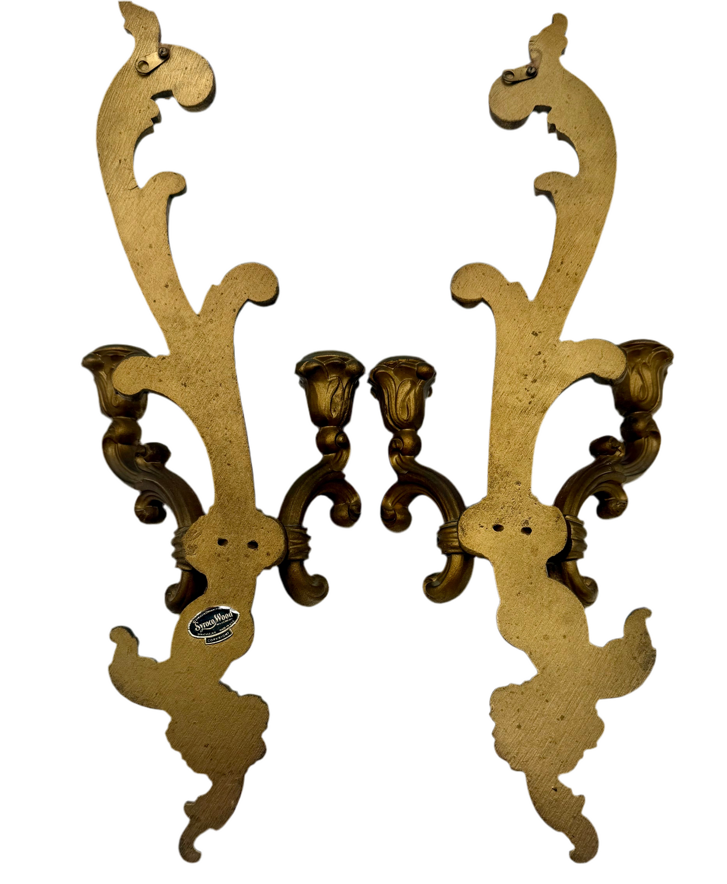 PAIR OF VINTAGE SYROCO WOOD GOLD ROCOCO CANDLE SCONCES – HOLLYWOOD REGENCY WALL DECOR
