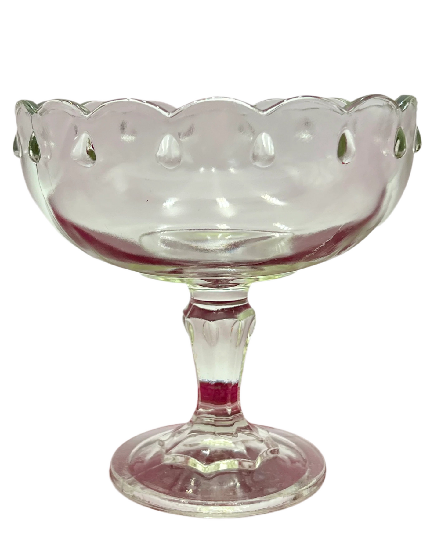 VINTAGE INDIANA SCALLOPED GLASS PEDESTAL COMPOTE CLEAR PRESSED GLASS SCALLOPED RIM MID CENTURY DESSERT DISH CENTERPIECE