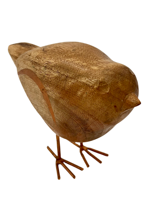 HAND-CARVED WOODEN BIRD SCULPTURE WITH METAL LEGS | 1970s–1980s MID-CENTURY MODERN STYLE DECORATIVE FIGURINE | NATURAL WOOD ACCENT | 8.5 INCHES WIDE