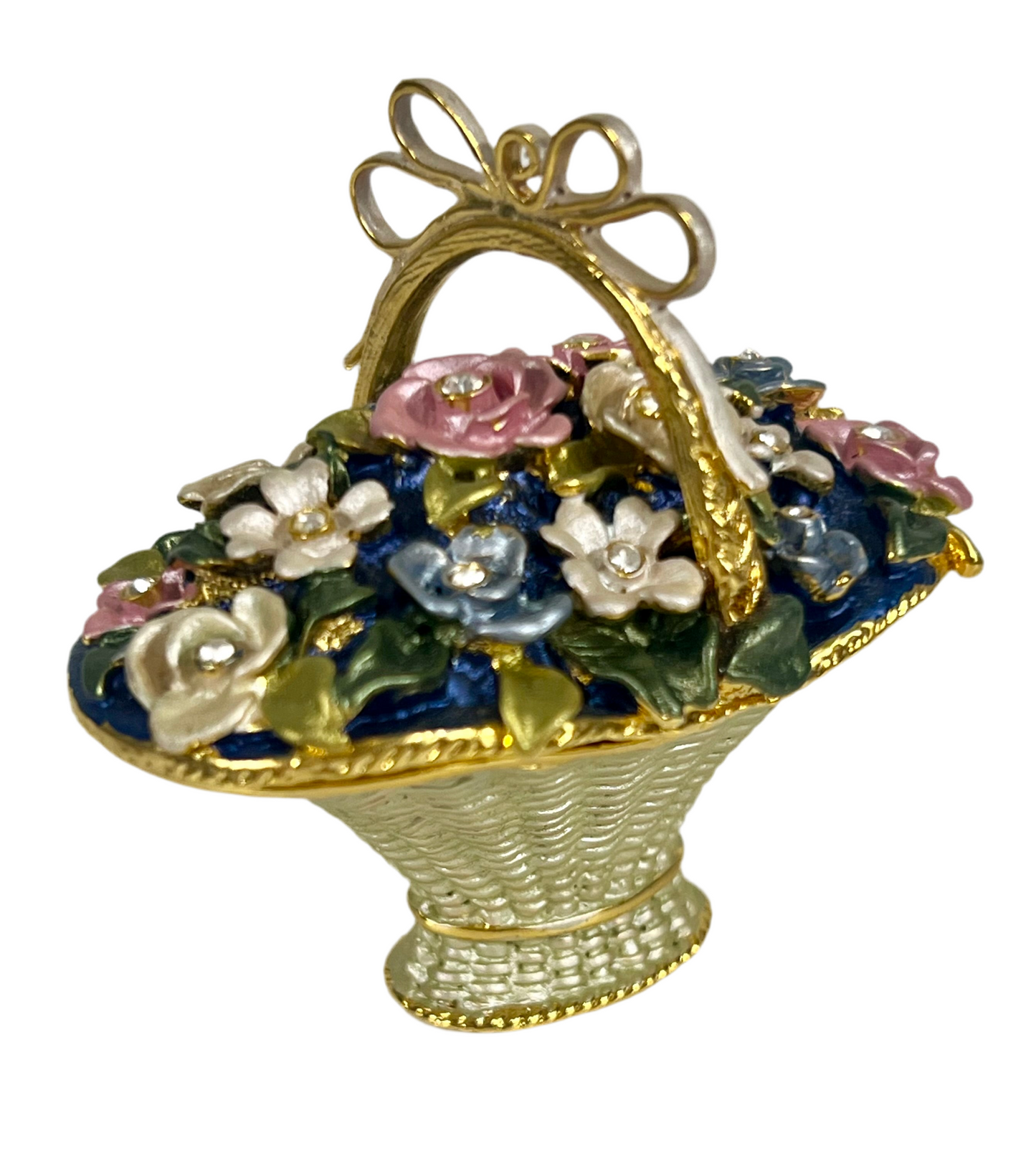 VINTAGE FLOWER BASKET TRINKET/JEWELRY BOX WITH CRYSTAL DETAILS