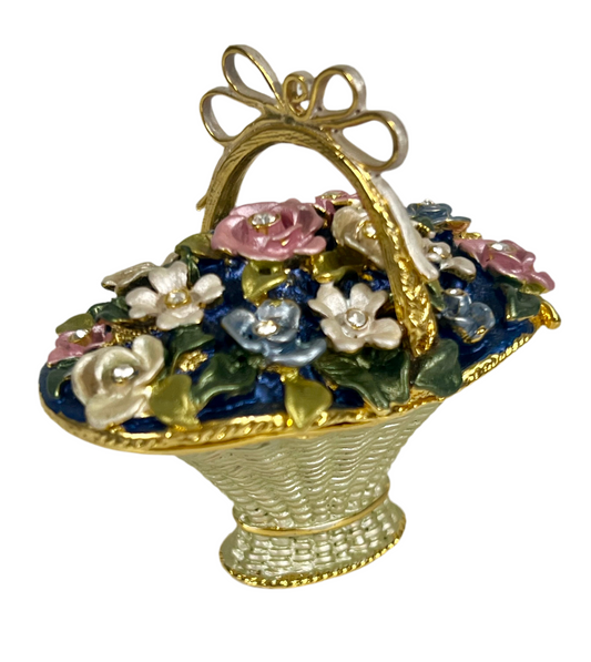 VINTAGE FLOWER BASKET TRINKET/JEWELRY BOX WITH CRYSTAL DETAILS