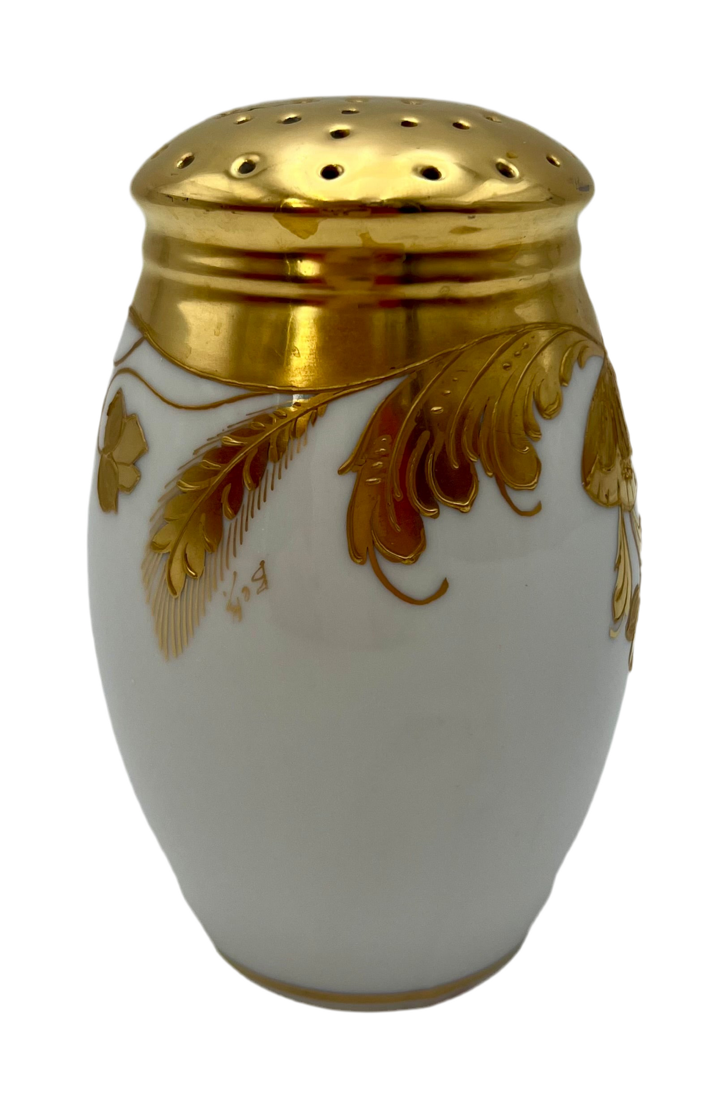 Antique Porcelain Sugar Shaker Muffineer | Stouffer Studio Chicago | Hand-Gilded Raised Gold Floral | Signed BEK