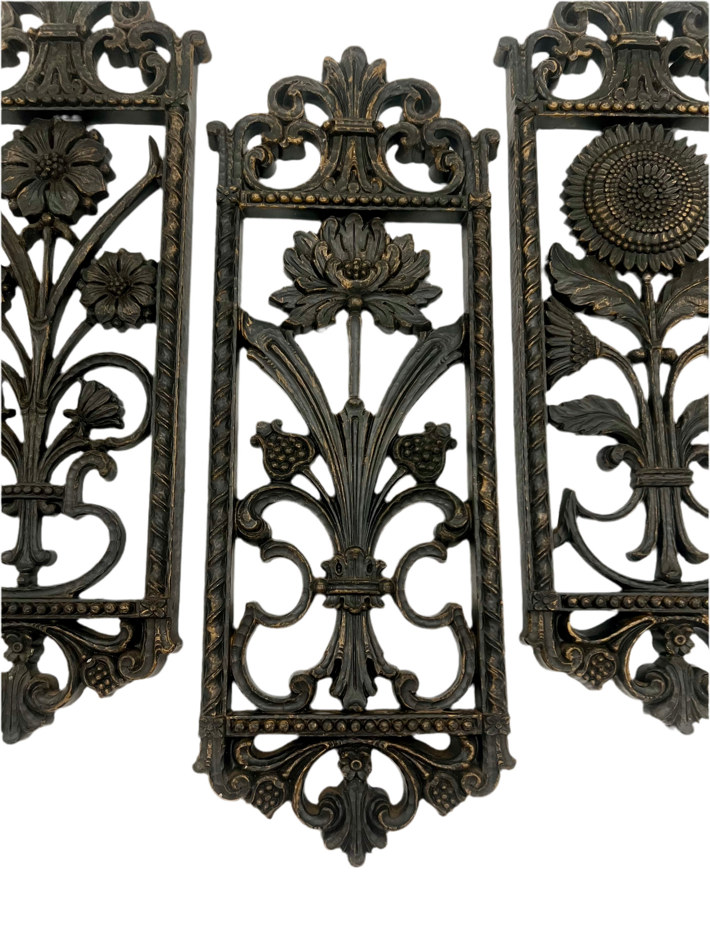 SET OF 4 BURWOOD 1960s–70s FLORAL WALL PLAQUES – GOTHIC REVIVAL PANELS – 16” TALL