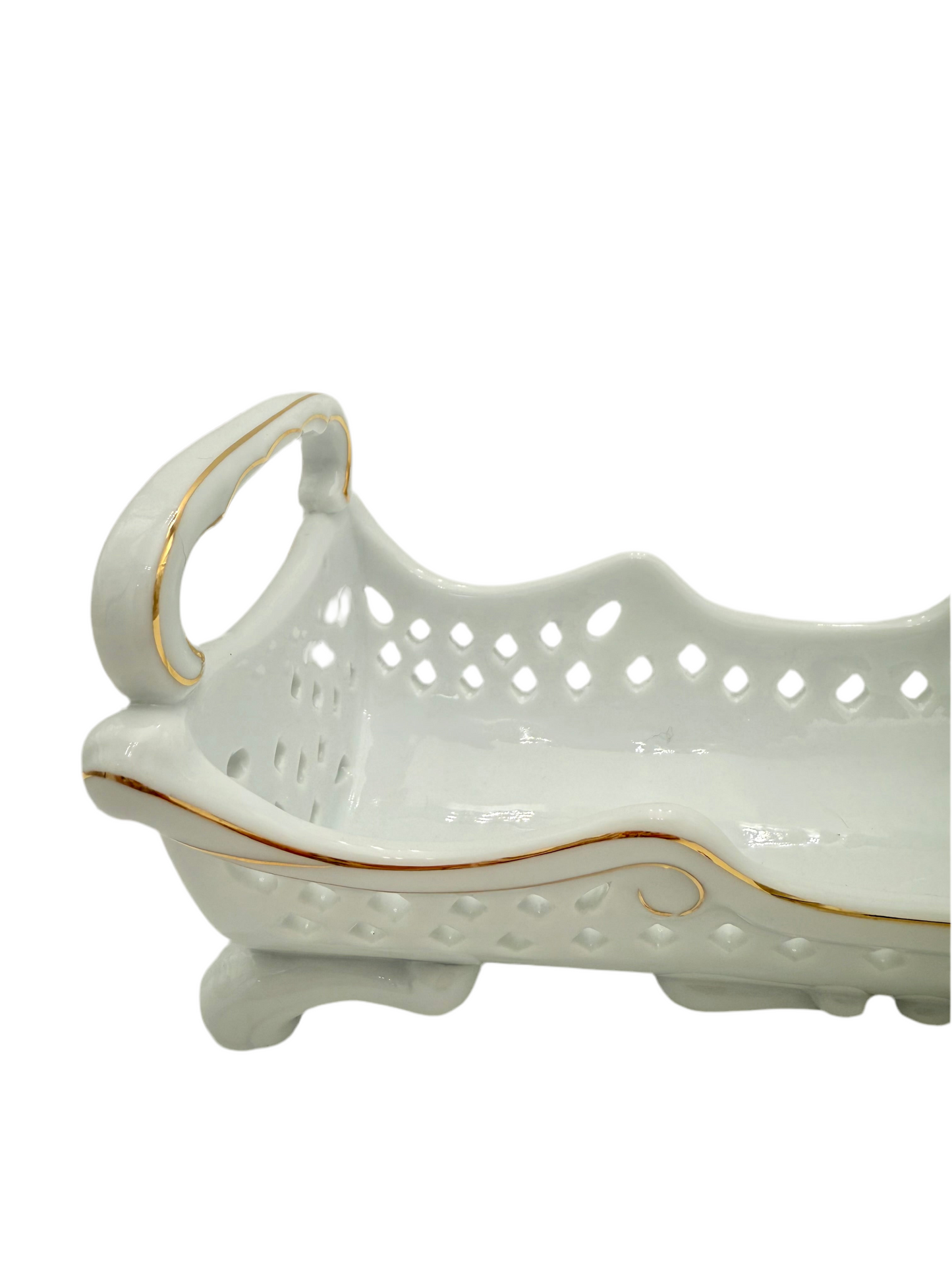 ELEGANT RETICULATED PORCELAIN CENTERPIECE BASKET WITH GOLD TRIM BY B&L PORCELAIN TREASURES