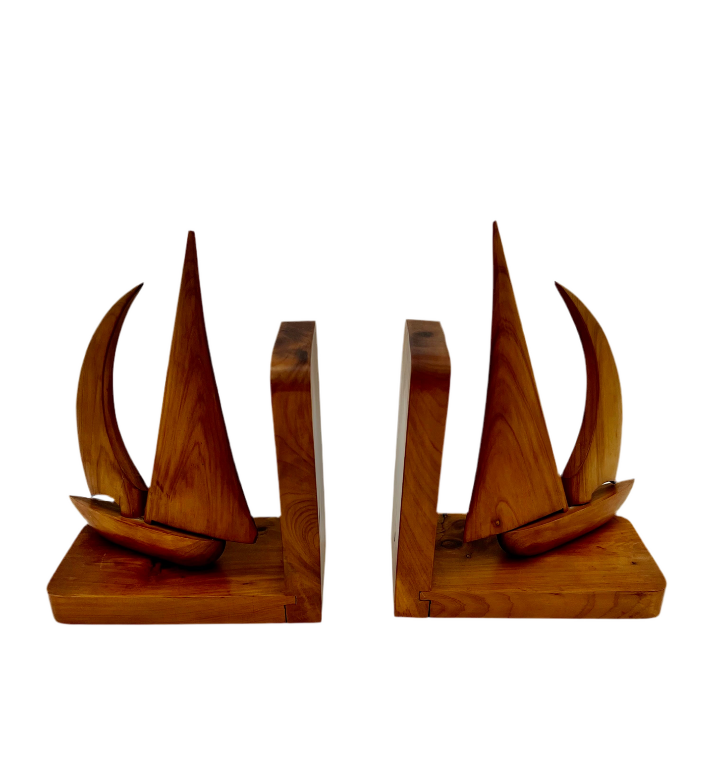 VINTAGE TEAK SWIVEL SAILBOAT BOOKENDS – MID CENTURY MODERN NAUTICAL WOOD BOOK ENDS