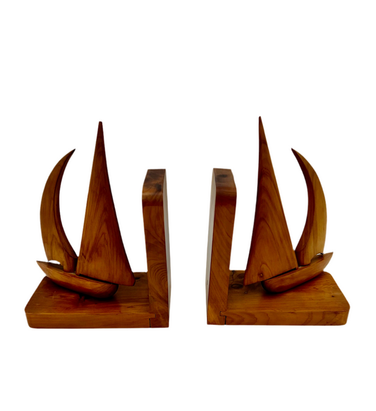 VINTAGE TEAK SWIVEL SAILBOAT BOOKENDS – MID CENTURY MODERN NAUTICAL WOOD BOOK ENDS