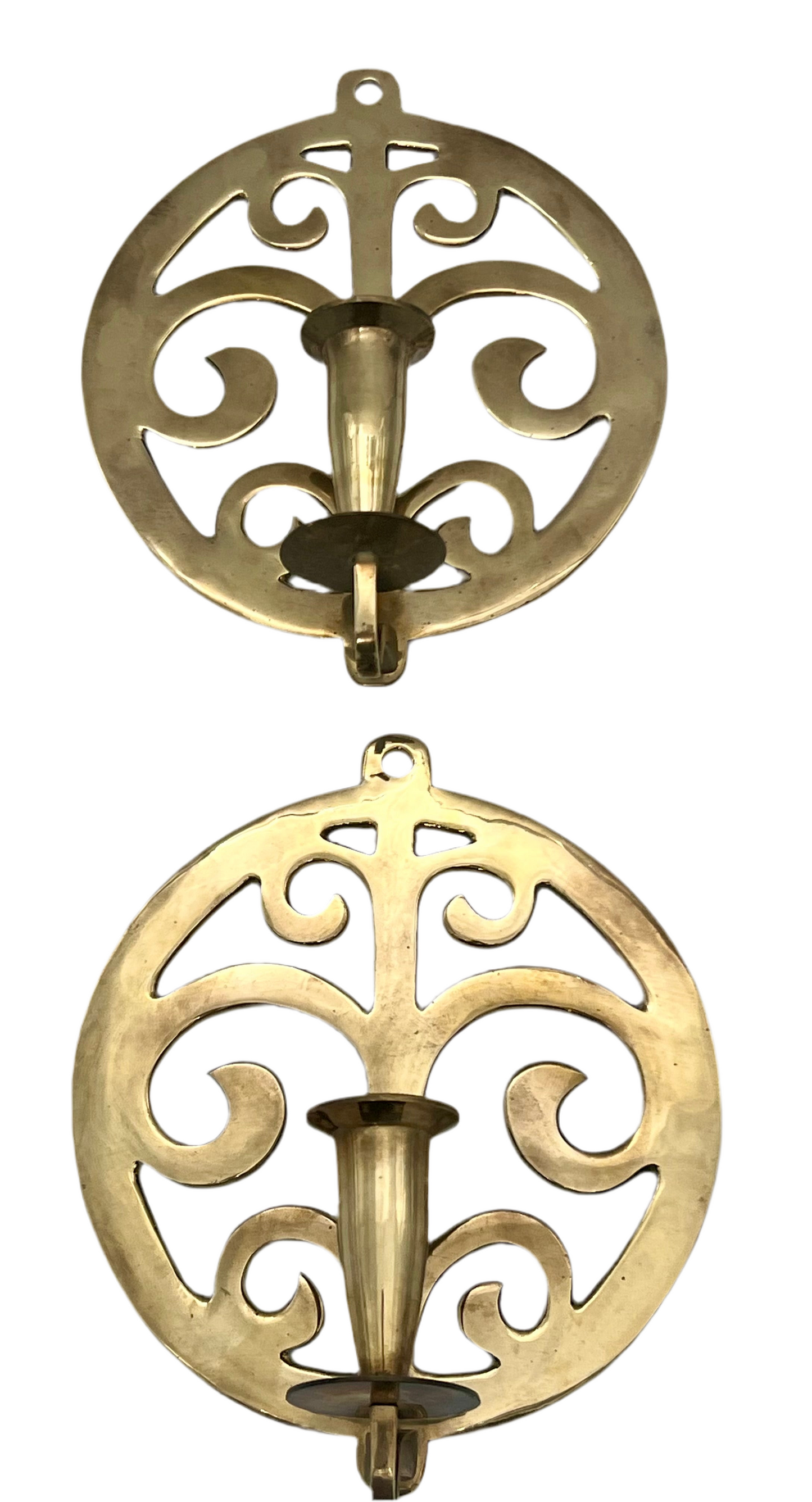 PAIR OF VINTAGE BRASS WALL SCONCES WITH SCROLL DESIGN