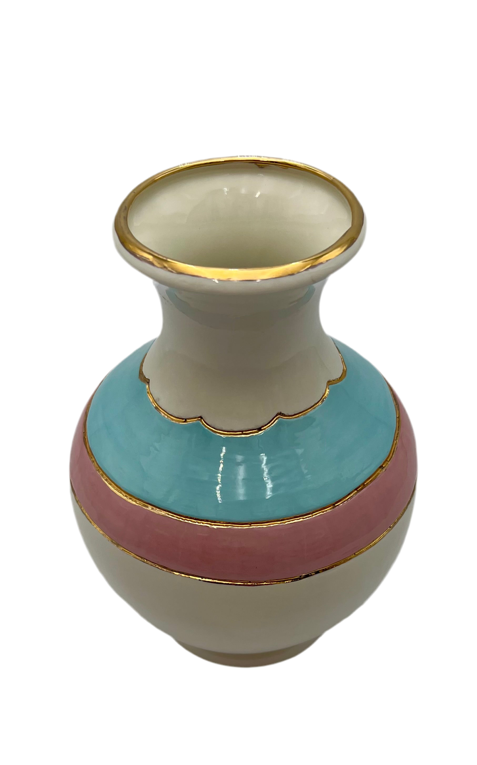 VINTAGE HOLLYWOOD REGENCY PORCELAIN VASE TURQUOISE PINK GOLD MID CENTURY DECOR