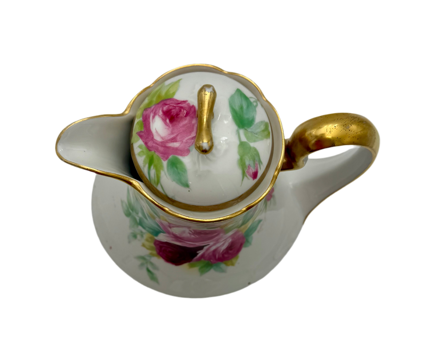 ANTIQUE LIMOGES “CORONET” HAND-PAINTED CHOCOLATE POT – SIGNED MAVALEIX – PINK ROSES & GOLD TRIM – ART NOUVEAU ERA FRANCE c.1906–1920
