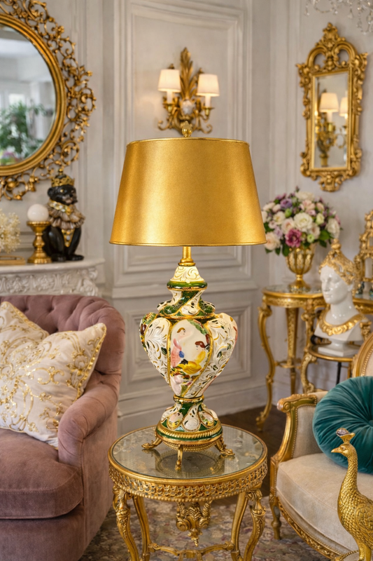 VINTAGE ITALIAN CAPODIMONTE PORCELAIN LAMP WITH HAND-PAINTED ROMANTIC SCENE AND GILT OPENWORK BASE